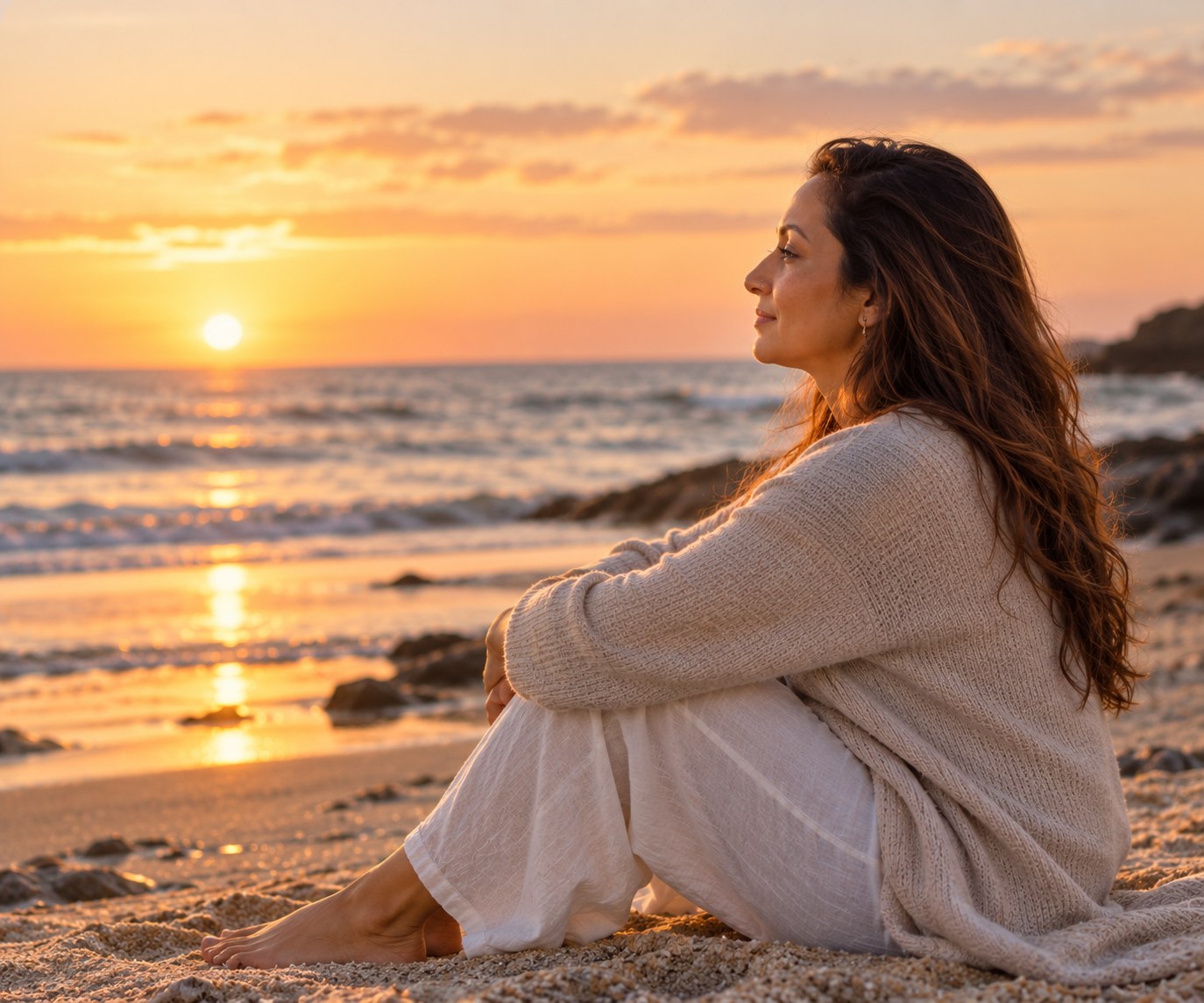 Neeta Shah sitting on the beach at sunset, facing the sea